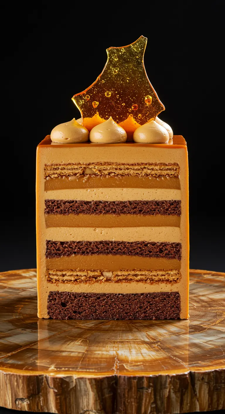 Hohe, quadratische Schichttorte mit verschiedenen Karamell- und Schokoschichten.