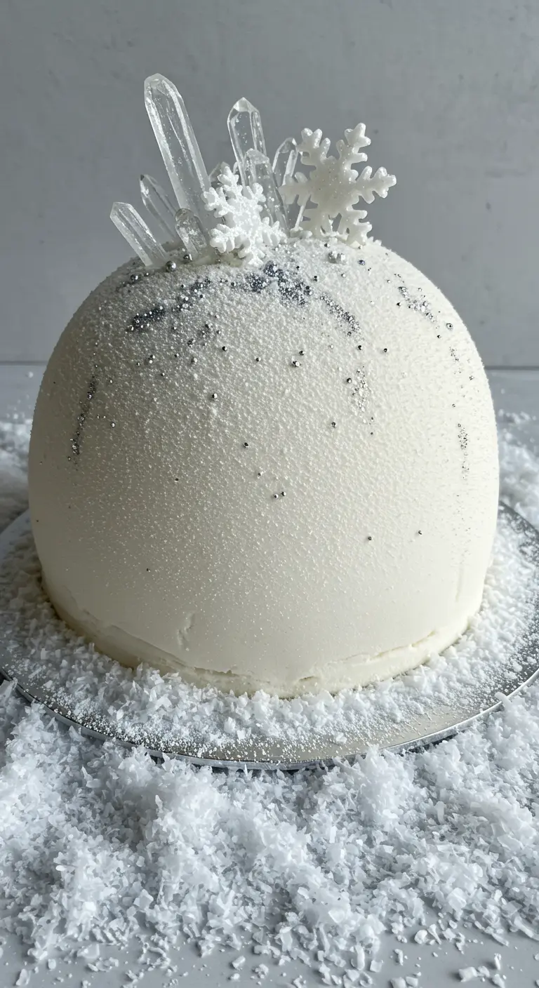 Weiße, kugelförmige Torte mit Silberglitzer, Zuckerschneeflocken und klaren Kristallen.