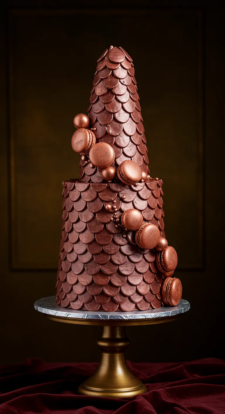 Hohe Torte in Schuppenoptik, bronze-farben, dekoriert mit Macarons und Perlen.