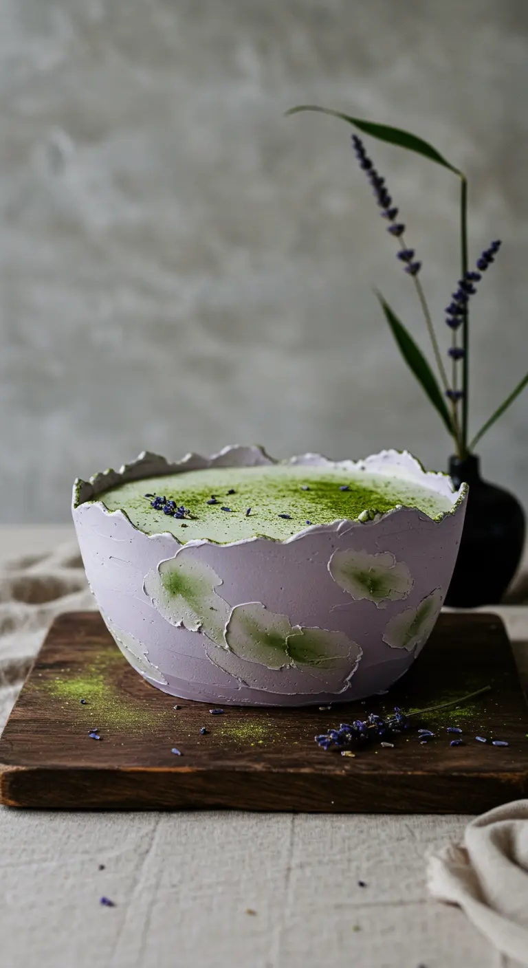 Lavendelfarbene Schüssel mit hellgrünem Dessert, bestäubt mit Matcha-Pulver.