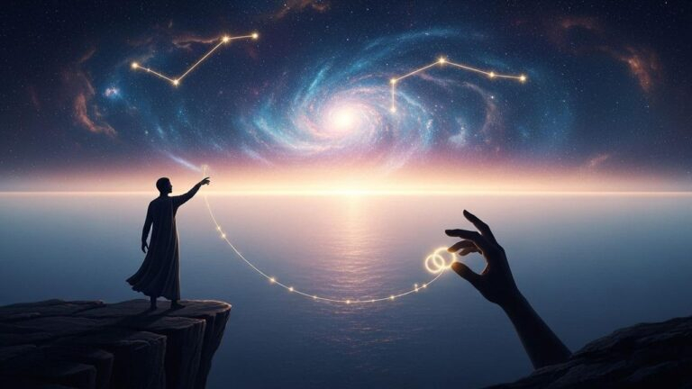 Beziehungstest: Mann auf Klippe und Hand mit Eheringen, verbunden durch Licht, unter Sternenhimmel der Freiheit.