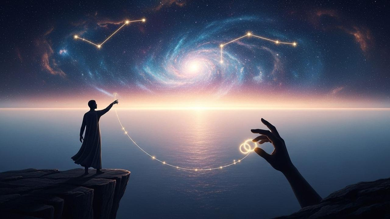 Beziehungstest: Mann auf Klippe und Hand mit Eheringen, verbunden durch Licht, unter Sternenhimmel der Freiheit.