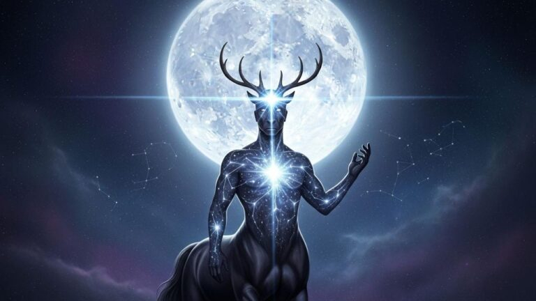 Vollmond Klarheit: Zentaur mit Geweih vor hellem Mond, der innere Erleuchtung symbolisiert.