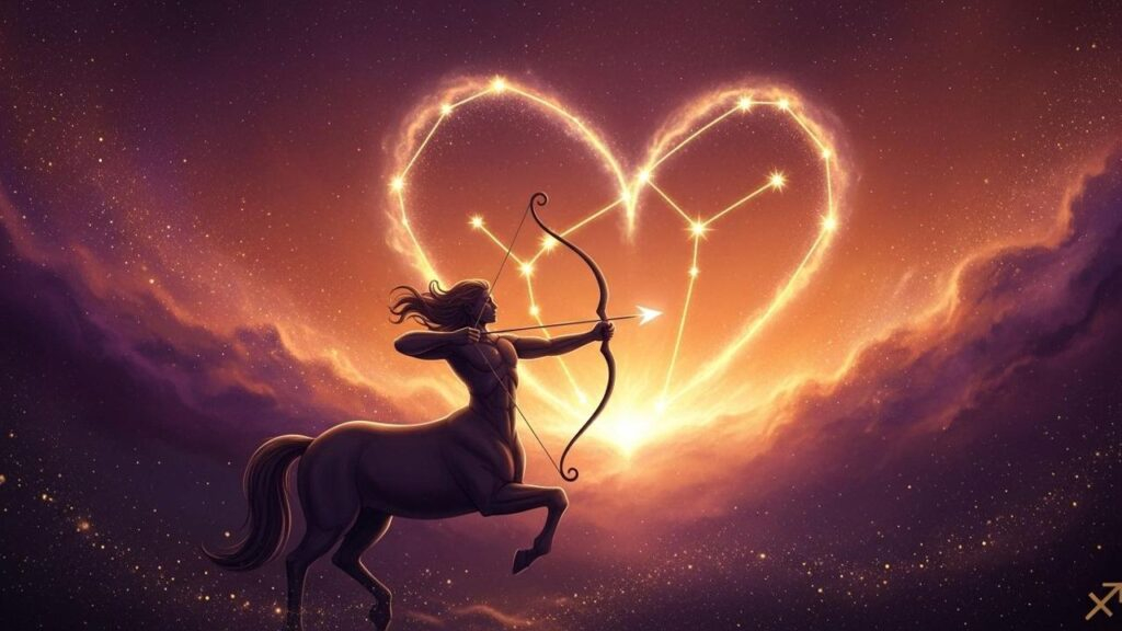 Sternbild Schütze als Zentaur mit Pfeil und Bogen vor Herz-förmigem Sternbild, August-Horoskop.