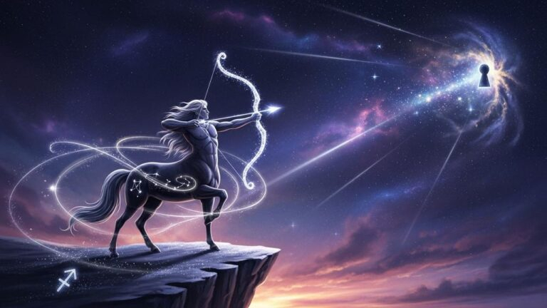 Sternbild Schütze zielt auf Schlüsselloch im Sternenhimmel. Horoskop-Wünsche.