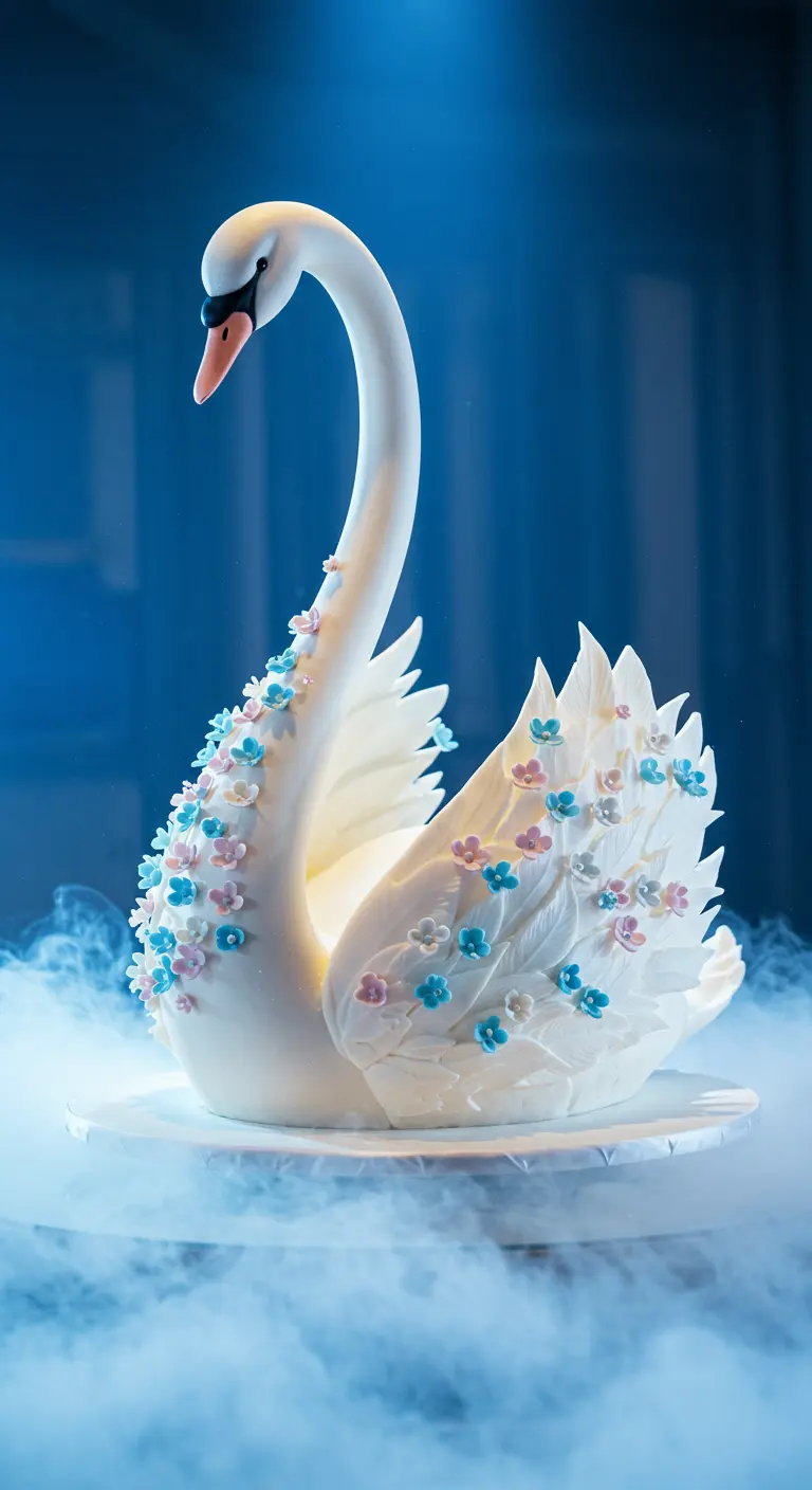 Elegante Hochzeitstorte in Form eines weißen Schwans, verziert mit winzigen rosa und blauen Zuckerblüten.