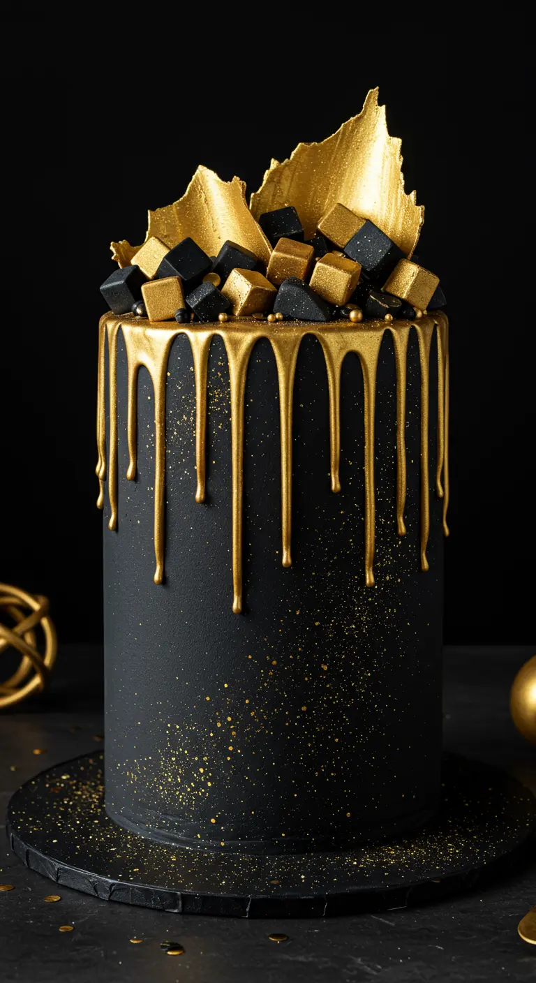 Schwarze zylindrische Torte mit opulentem Gold-Drip und goldenen/schwarzen Schokowürfeln als Topper.