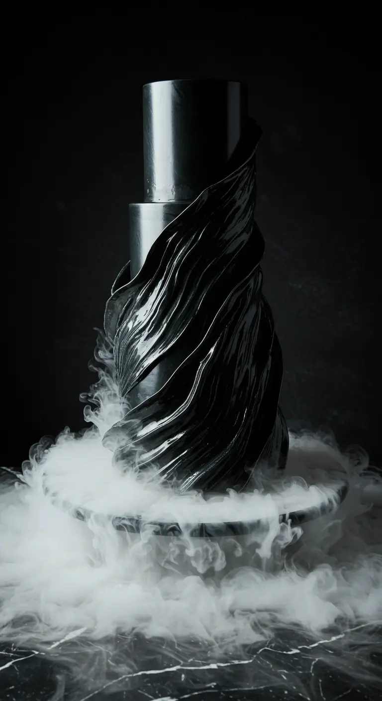 Elegante schwarze Torte mit drapiertem Fondant und weichem Nebel am Boden.