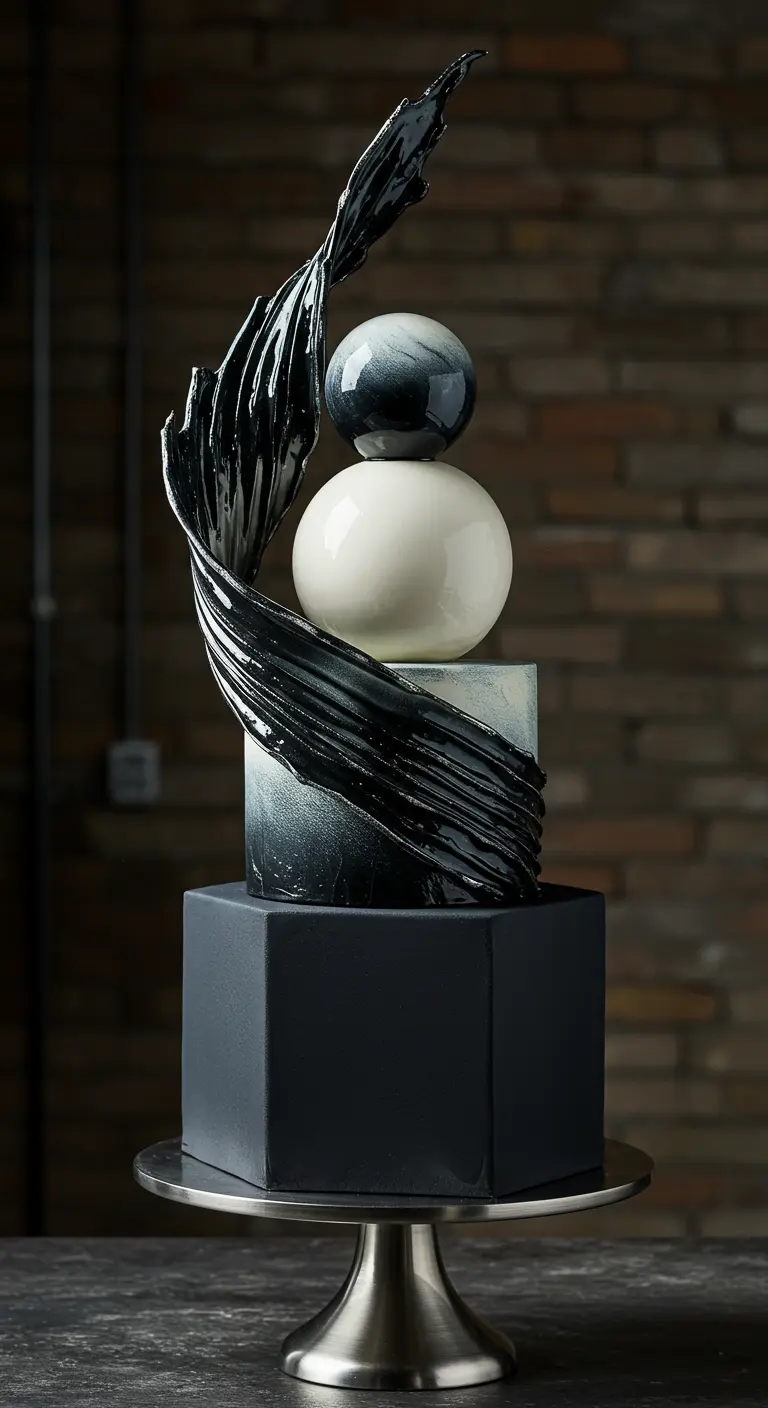 Architektonische, schwarz-weiße Hochzeitstorte mit einer dramatischen, schwarzen Zuckerskulptur.