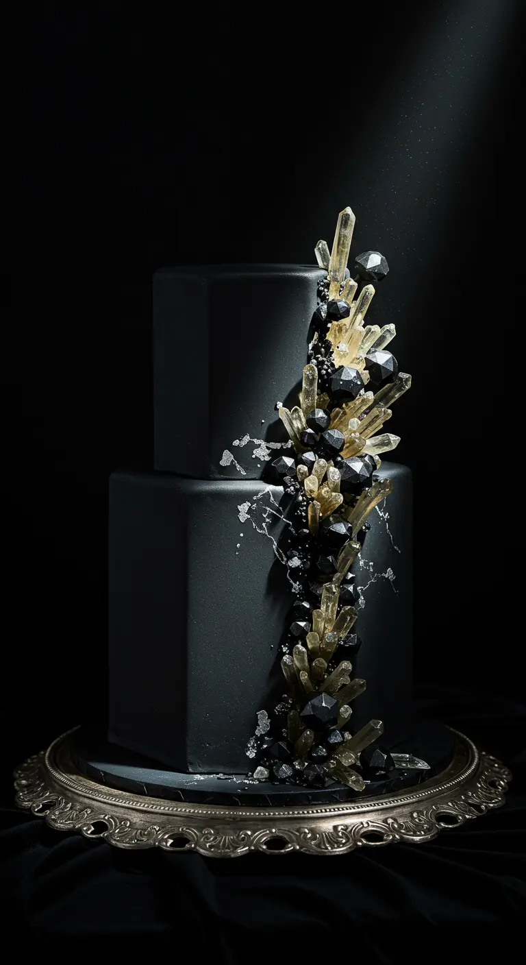 Zweistöckige schwarze quadratische Torte mit einer Kaskade aus schwarzen und goldenen Kristallen.