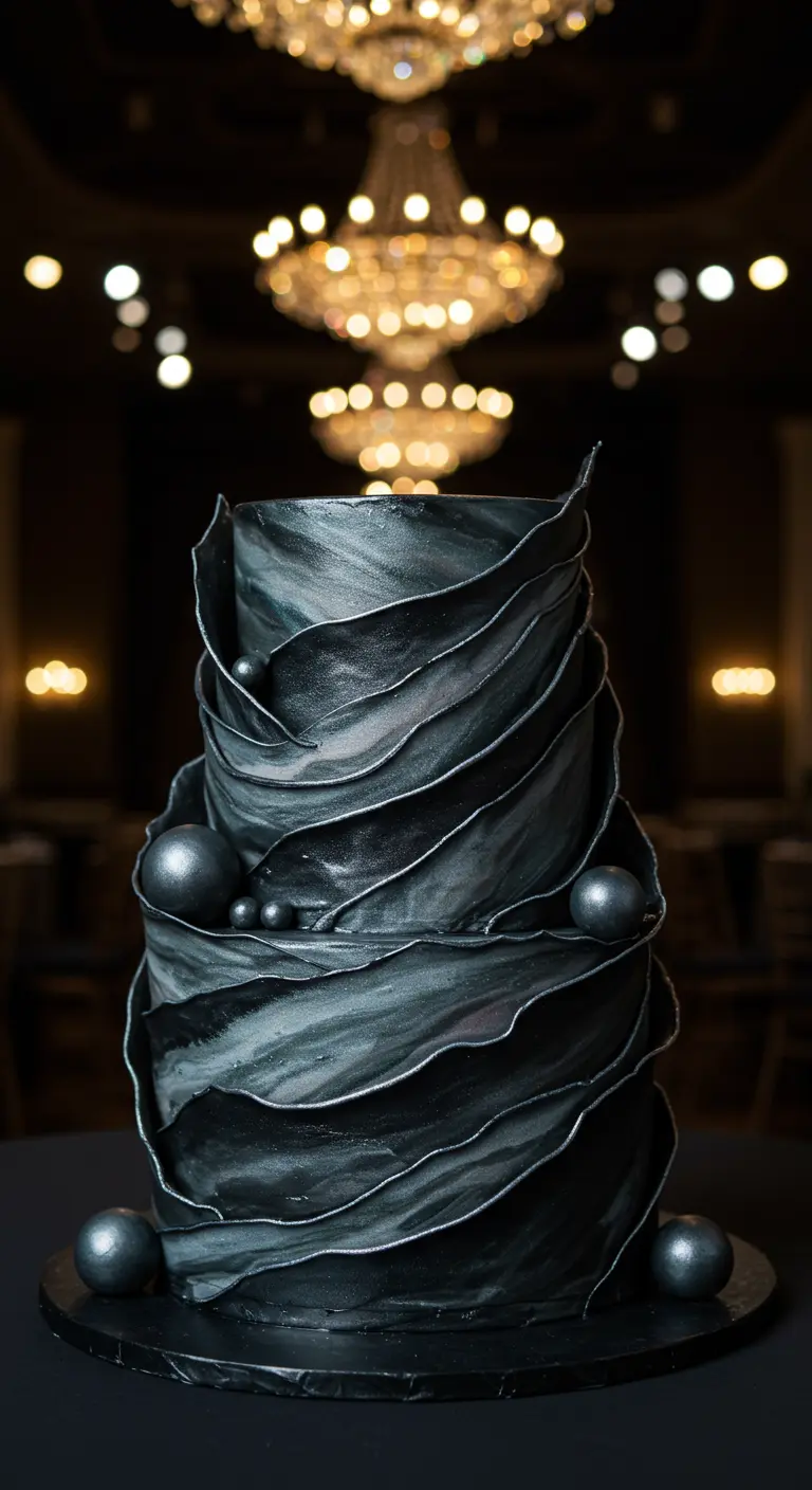 Schwarze, mehrstöckige Torte mit seidenähnlichen Wellen und schwarzen Perlen.