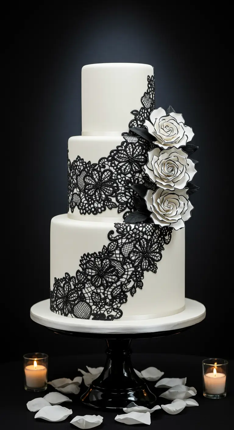 Dreistöckige weiße Hochzeitstorte mit diagonal verlaufender schwarzer Spitze und weißen Rosen mit schwarzen Rändern.