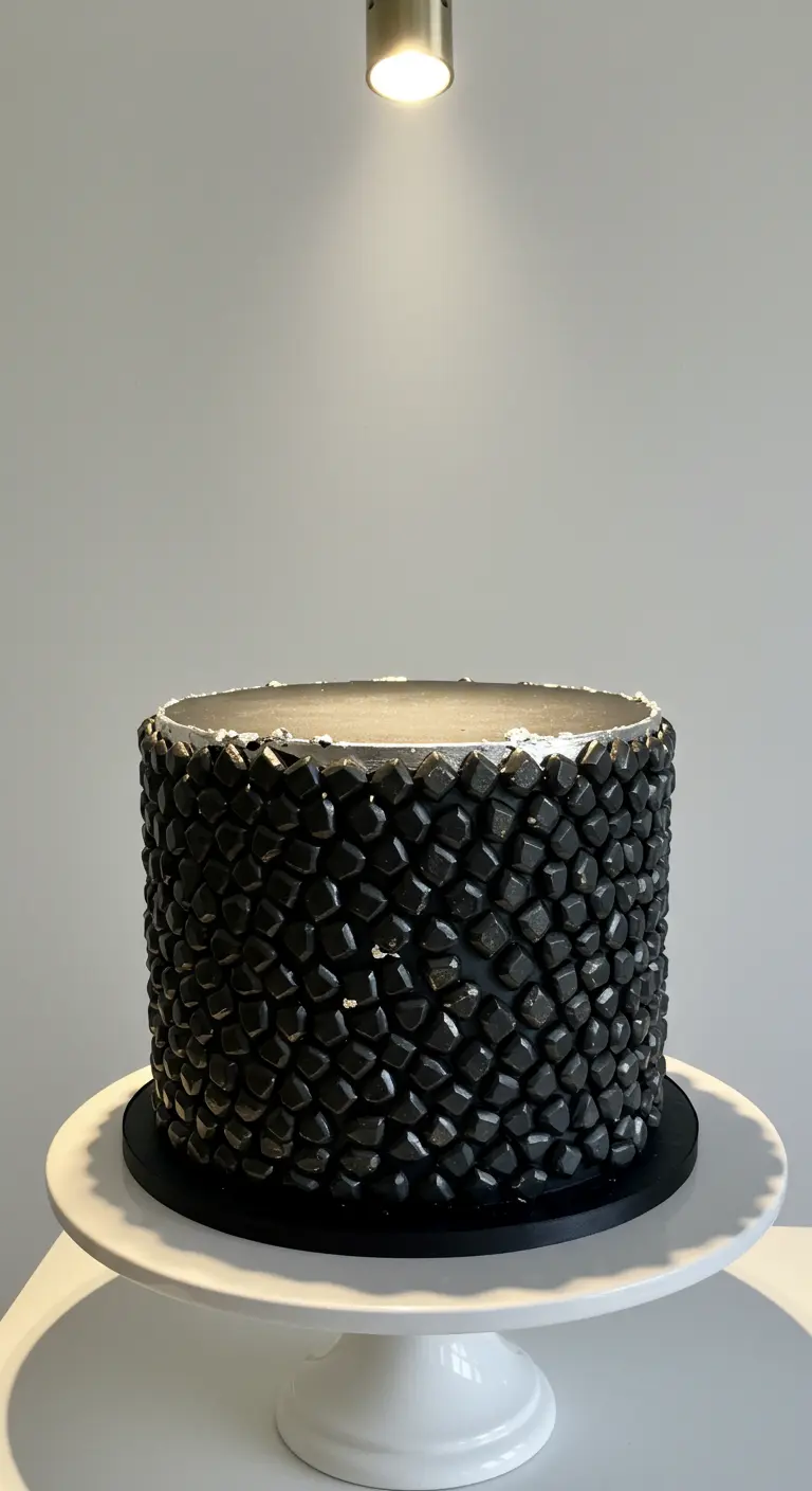 Schwarze, runde Torte komplett mit facettierten schwarzen Zuckersteinen besetzt, silberner Rand.