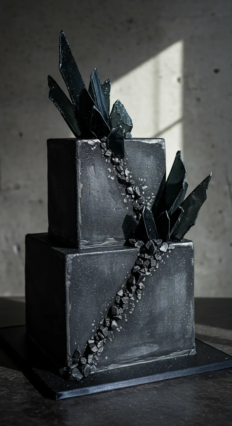 Zweistöckige, mattschwarze Torte, diagonal verziert mit schwarzen Zuckerkristallen und Splittern.