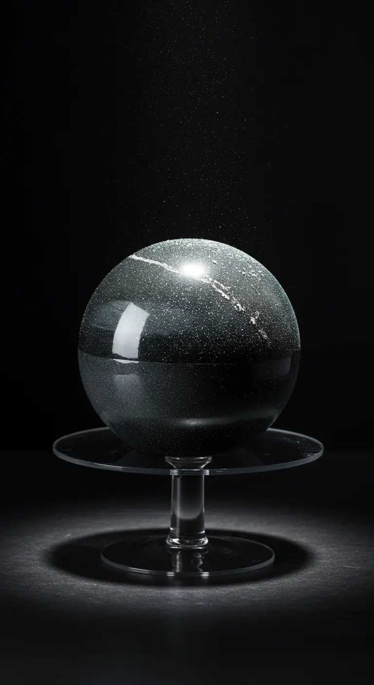 Schwarze, kugelförmige Torte mit einem Band aus Silberglitzer auf einem Glasständer.