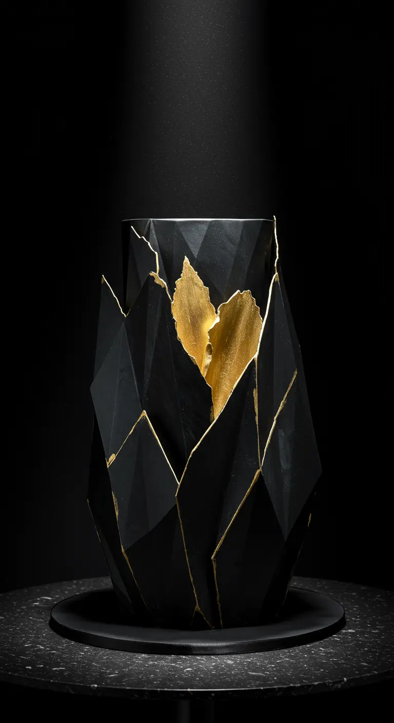 Schwarze, facettierte Torte, die wie ein Geode aufbricht und einen glänzenden goldenen Kern enthüllt.
