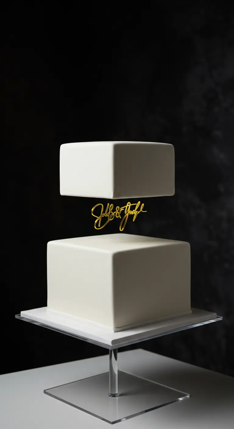 Schwebende Hochzeitstorte mit goldenem Namens-Topper zwischen den Etagen.