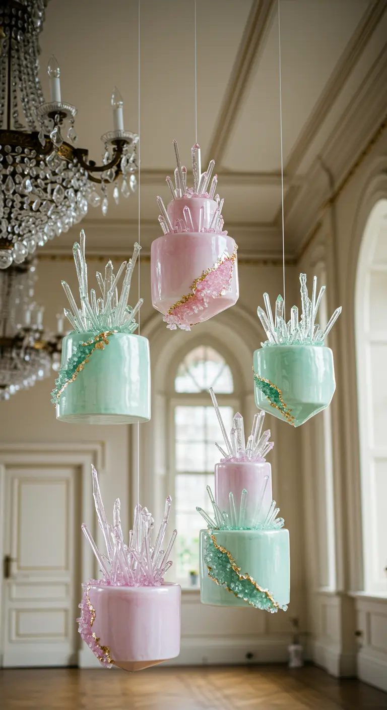 Mehrere schwebende, pastellfarbene Tortenstücke mit Isomalt-Kristallen und goldenen Verzierungen.