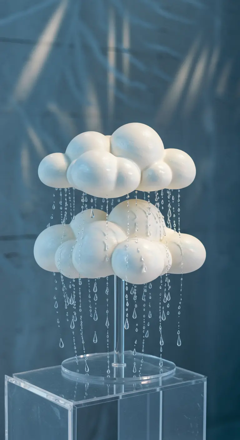 Weiße Wolkentorte mit hängenden Regentropfen aus Zucker, die zu schweben scheint.