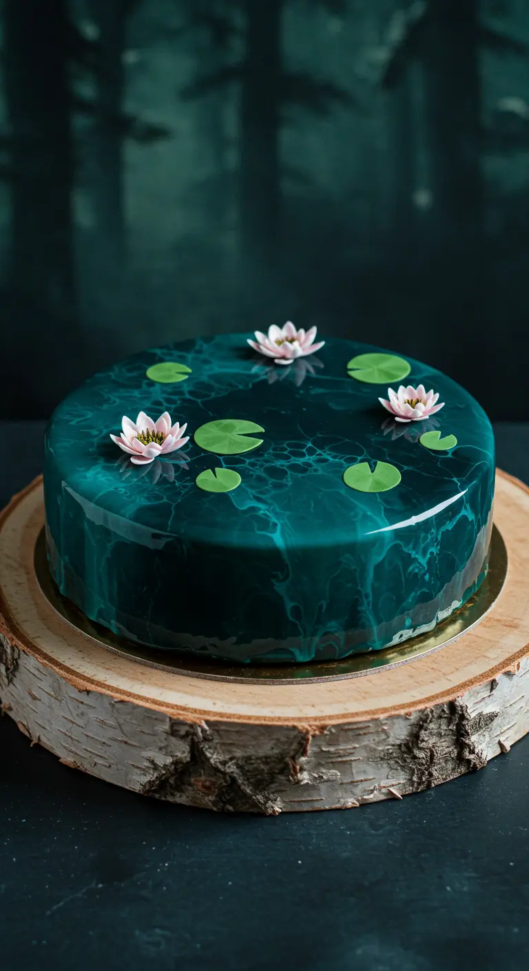 Runde Torte mit blaugrüner Mirror Glaze und Seerosen aus Zucker.