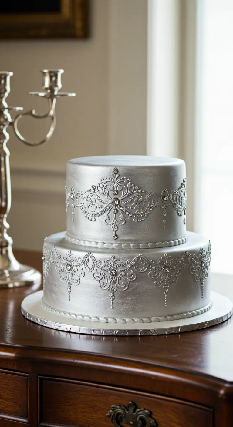 Zweistöckige Silbertorte mit filigranen silbernen Ornamenten und kleinen Schmucksteinen.