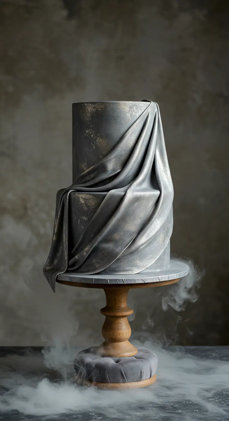 Silbergraue Torte mit elegant drapierter Fondant-Optik, umgeben von Bodennebel.