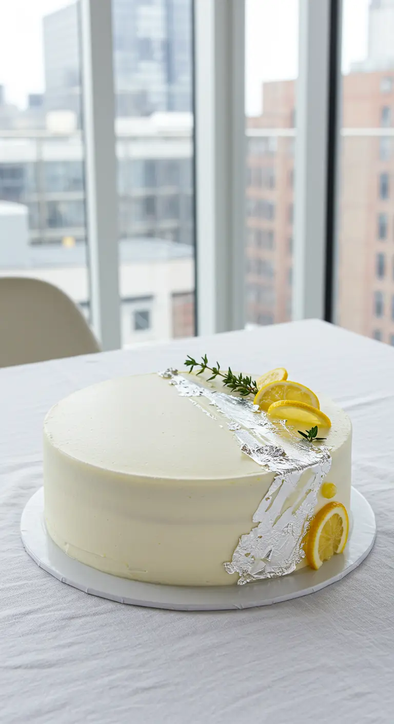 Weiße Torte mit Blattsilber-Applikation, Zitronenscheiben und Thymian.