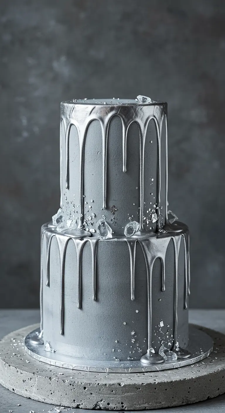 Zweistöckige graue Torte mit silbernem Drip-Effekt und klaren Zuckersteinen.