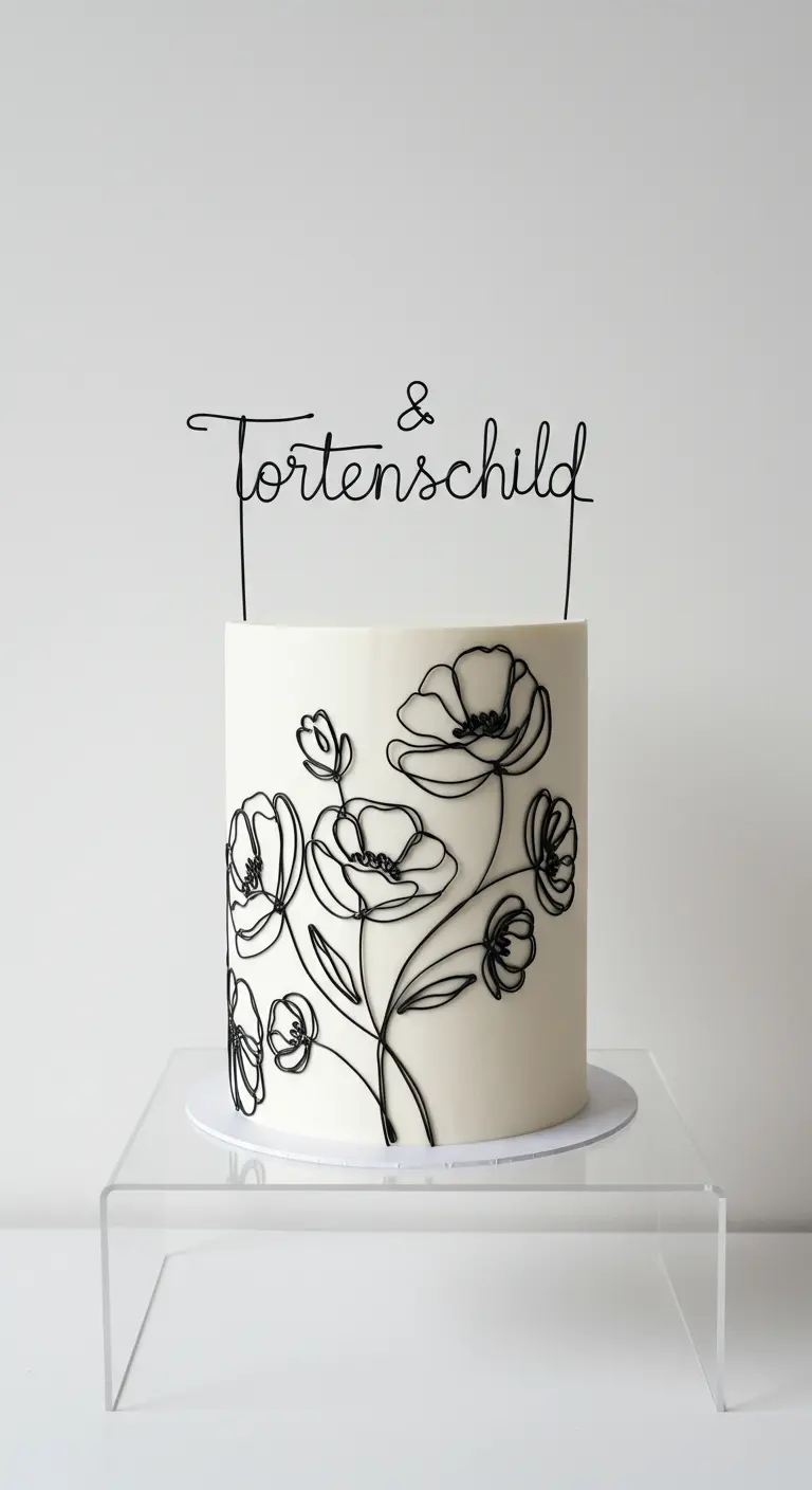 Weiße Torte mit schwarzer Linienzeichnung von Blumen und Drahtschrift-Topper.