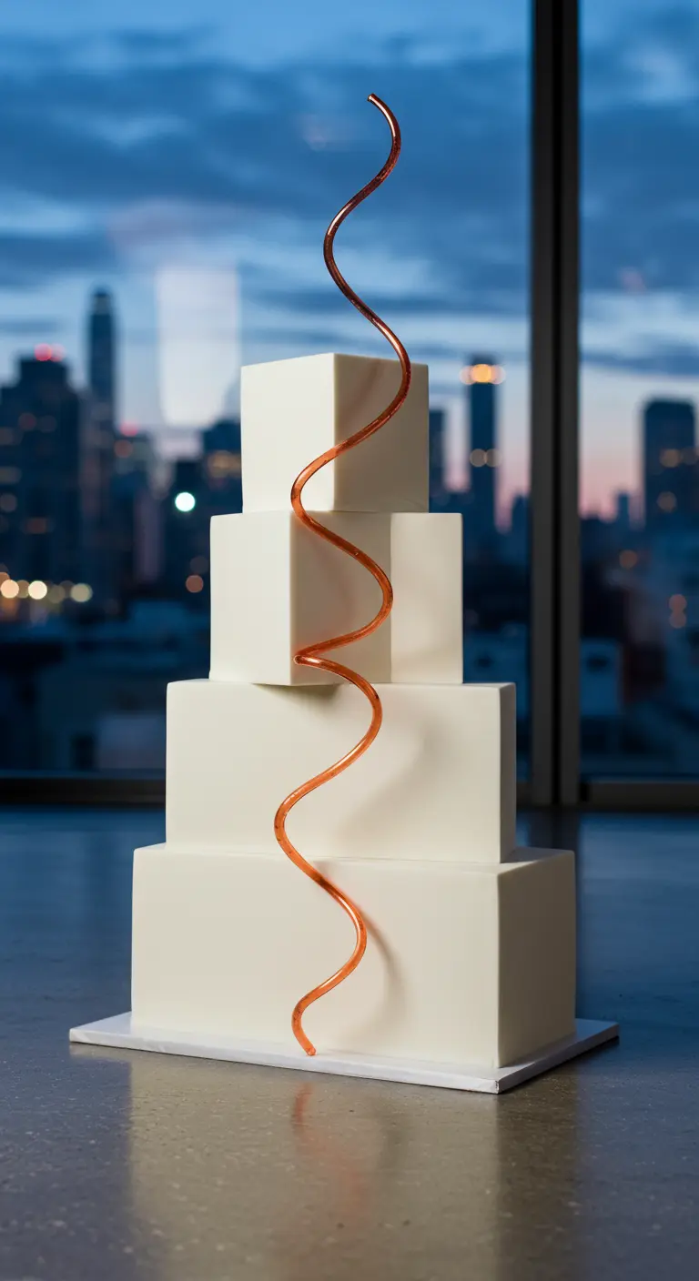 Hohe, weiße Torte aus versetzten Würfeln mit einer eleganten Kupferspirale.