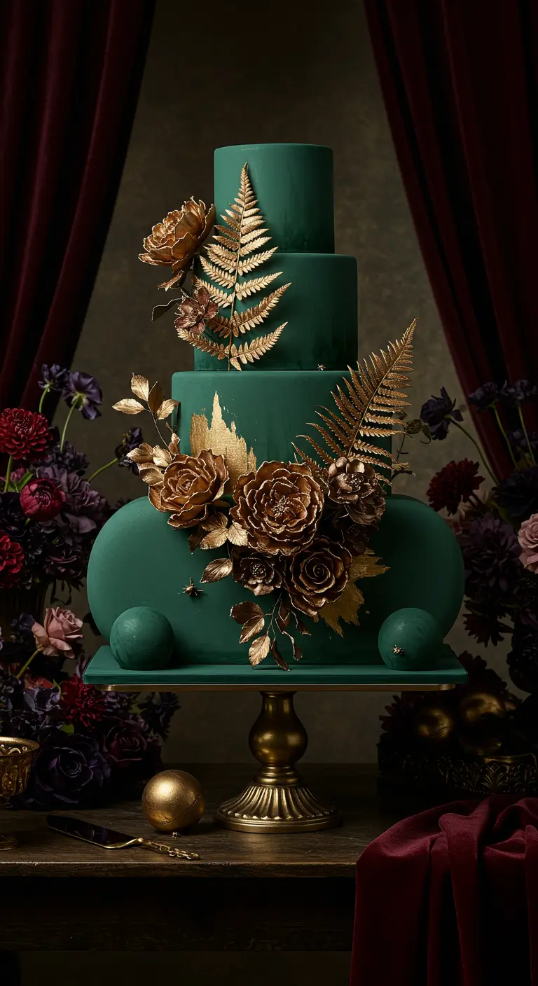 Dunkelgrüne Hochzeitstorte mit opulenten goldenen Zuckerblättern und Rosen.