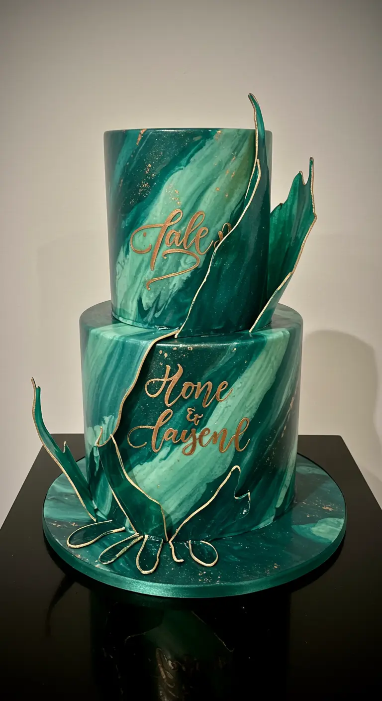 Zweistöckige smaragdgrüne Marmor-Torte mit goldenen Rissen und Kalligrafie