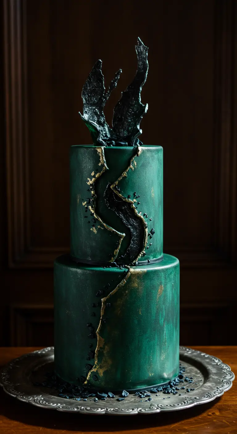 Zweistöckige, dunkelgrüne Torte mit einem schwarzen Riss („Fault Line“) und goldenen Akzenten.