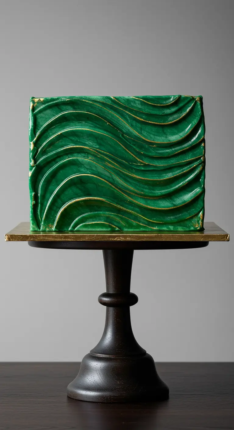 Quadratische, smaragdgrüne Torte mit horizontalen Wellen und Goldakzenten.