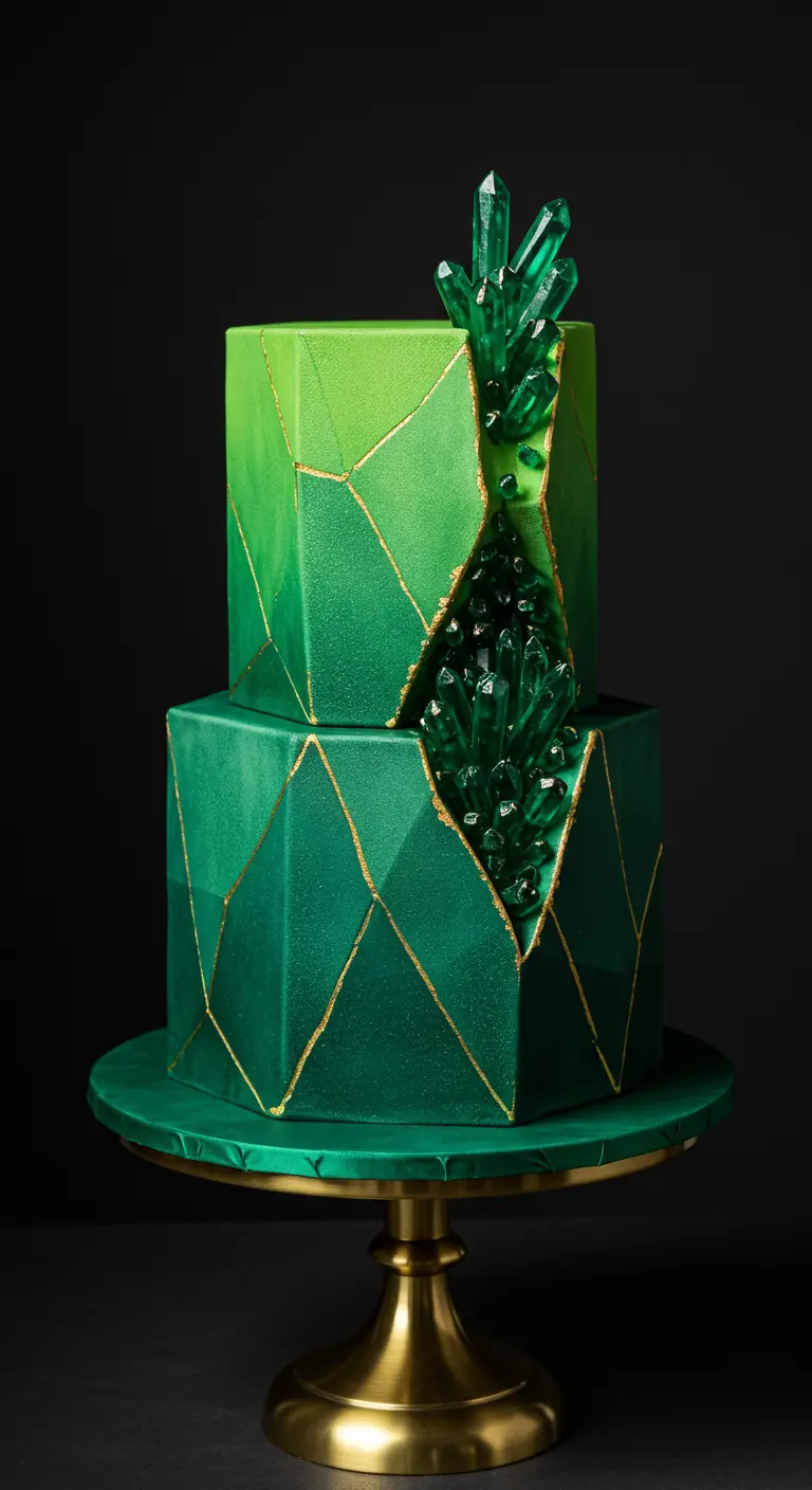 Zweistöckige Ombre-Torte in Smaragdgrün mit geometrischen Mustern, goldenen Linien und grünen Kristallen.