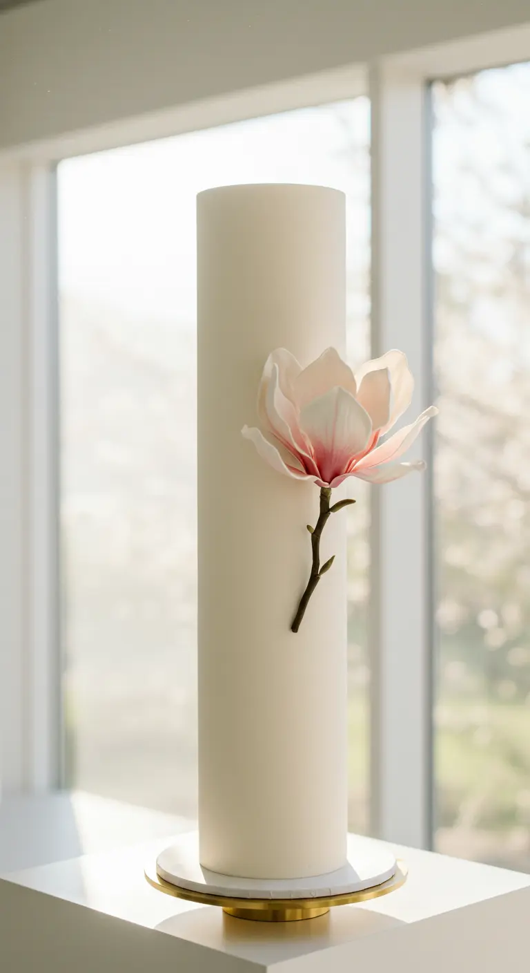 Hohe weiße Hochzeitstorte mit einer einzelnen zartrosa Magnolienblüte.