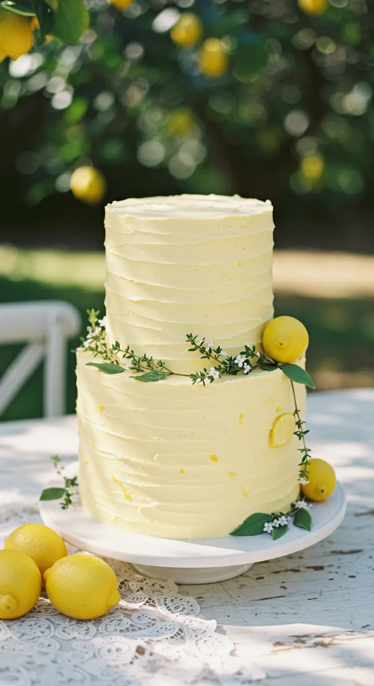 Zweistöckige, zitronengelbe Torte mit horizontaler Rillenstruktur, dekoriert mit Zitronen und Blüten.