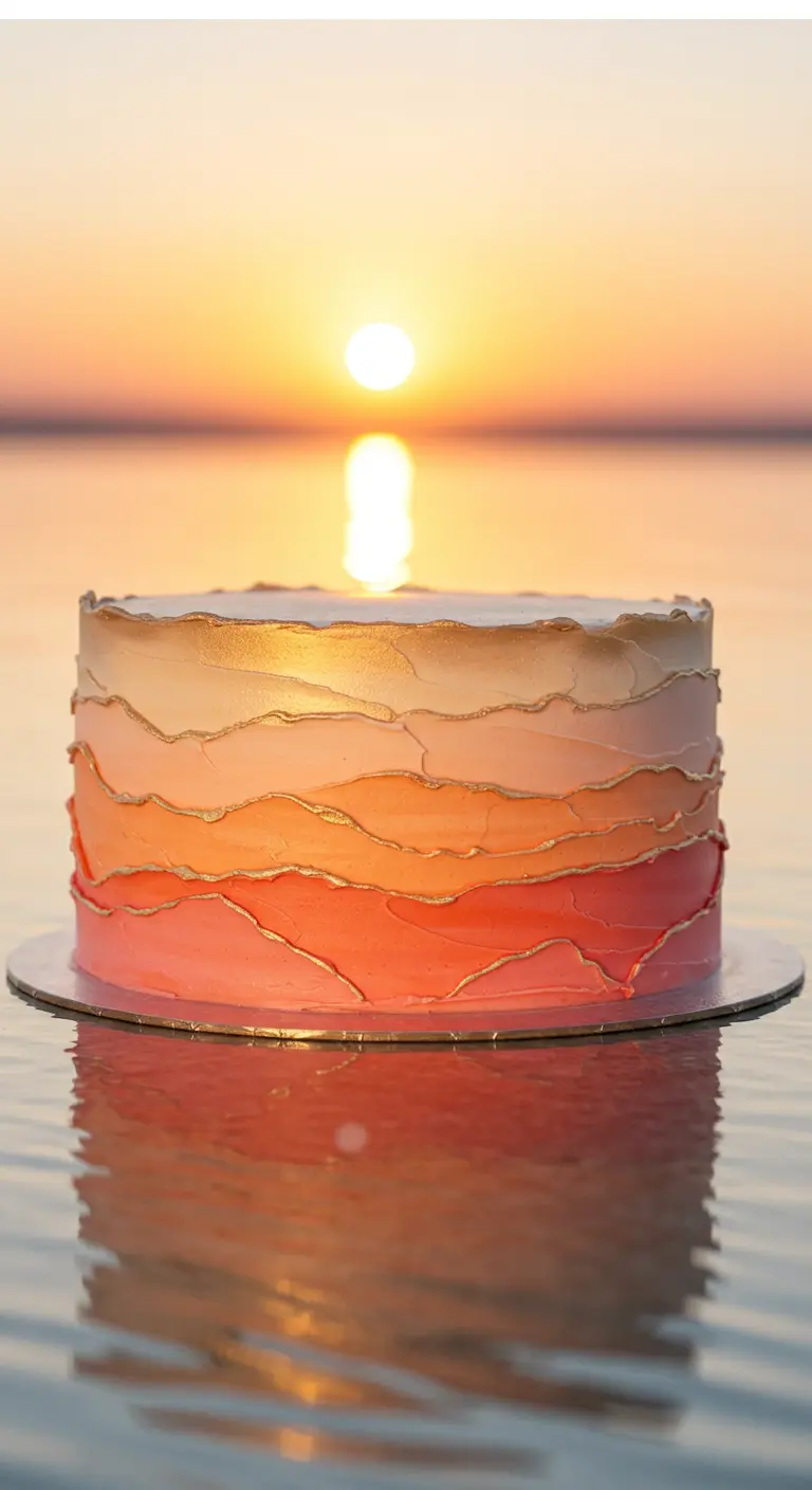 Hochzeitstorte mit Ombré-Farbverlauf von Orange zu Rosa, goldenen Wellenkanten.