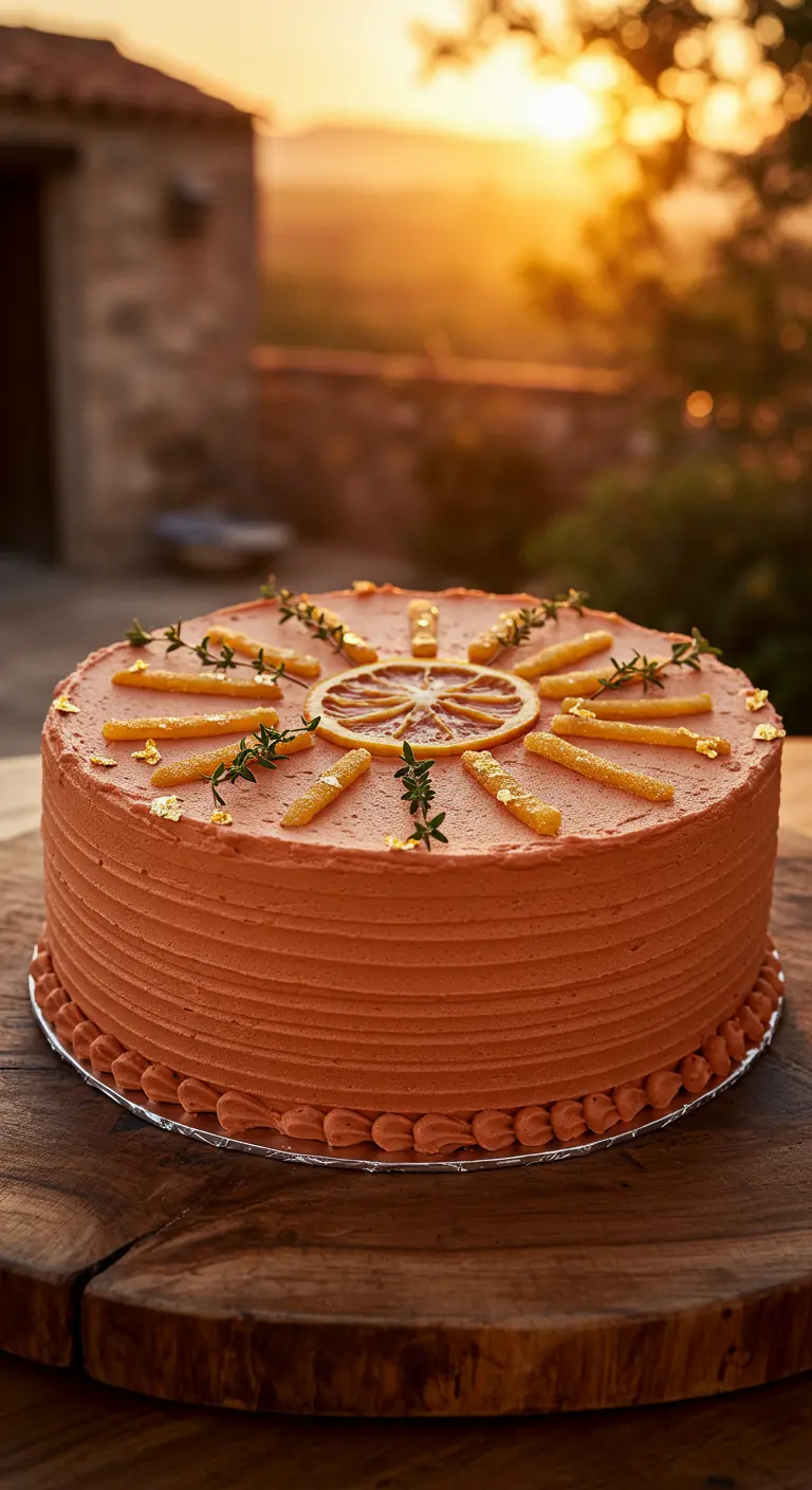 Terrakottafarbene Torte mit Rillenstruktur, dekoriert mit kandierten Orangenschalen und Thymian.