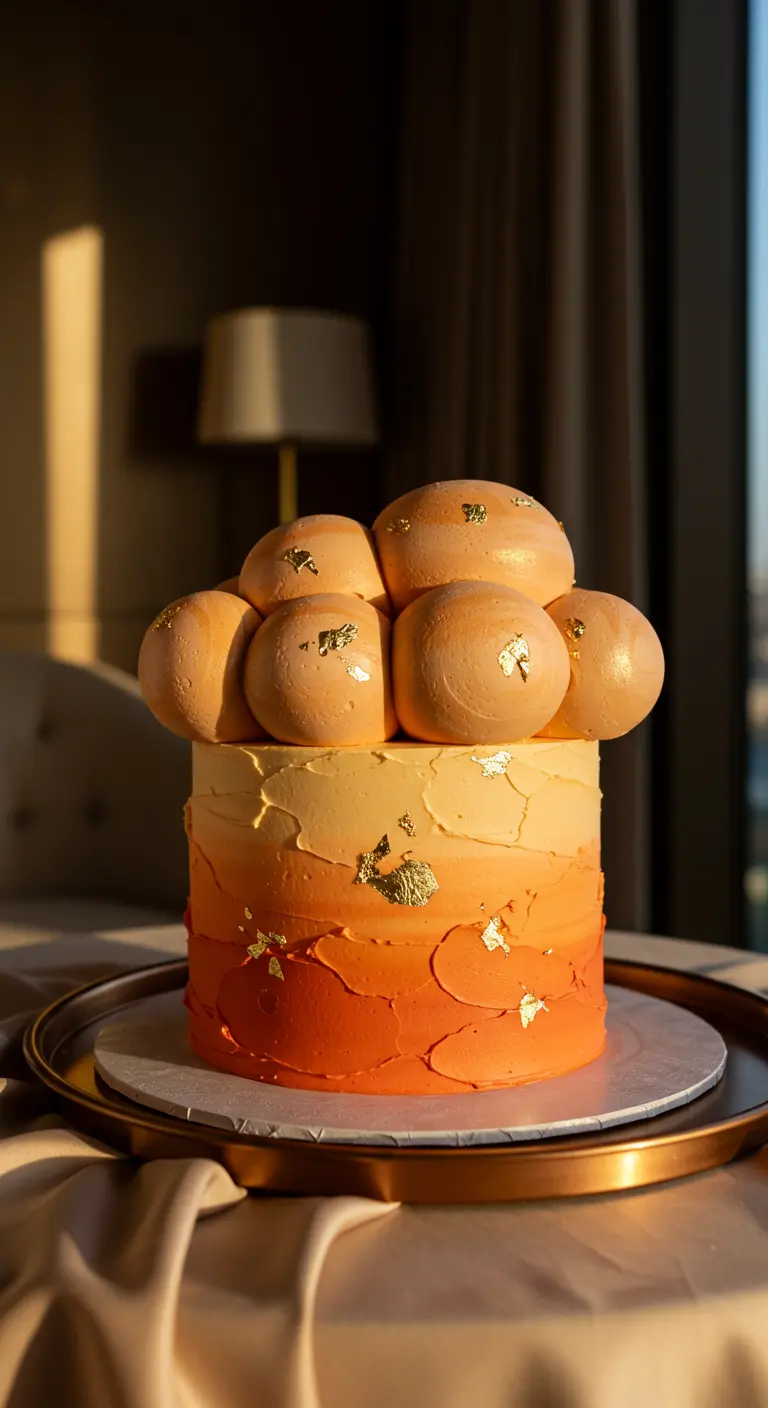 Orangefarbene Ombré-Torte mit Wölkchen-Topping und Blattgold-Details.