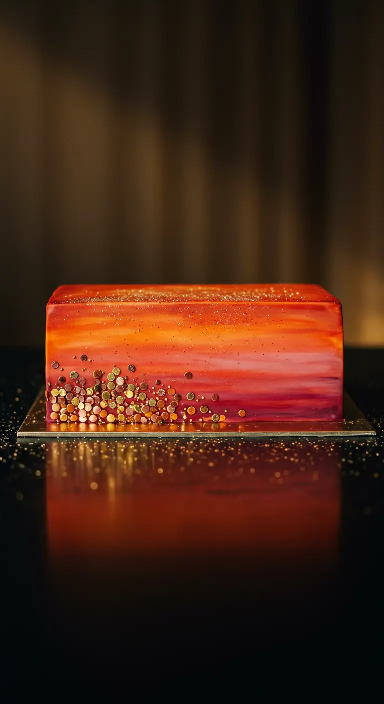 Rechteckige Torte mit Farbverlauf von Orange zu Pink und goldenem Konfetti am unteren Rand.