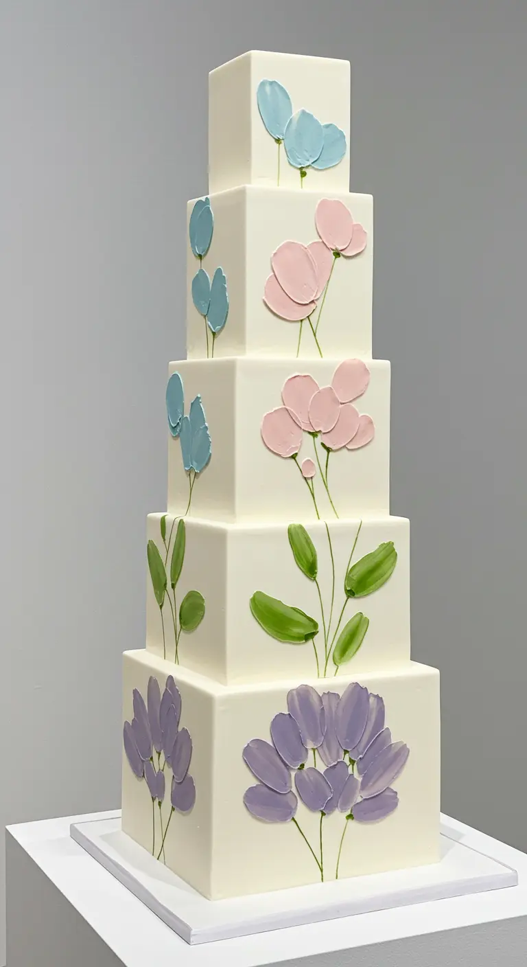 Weiße, quadratische, mehrstöckige Hochzeitstorte mit pastellfarbenen, gespachtelten Blumen.