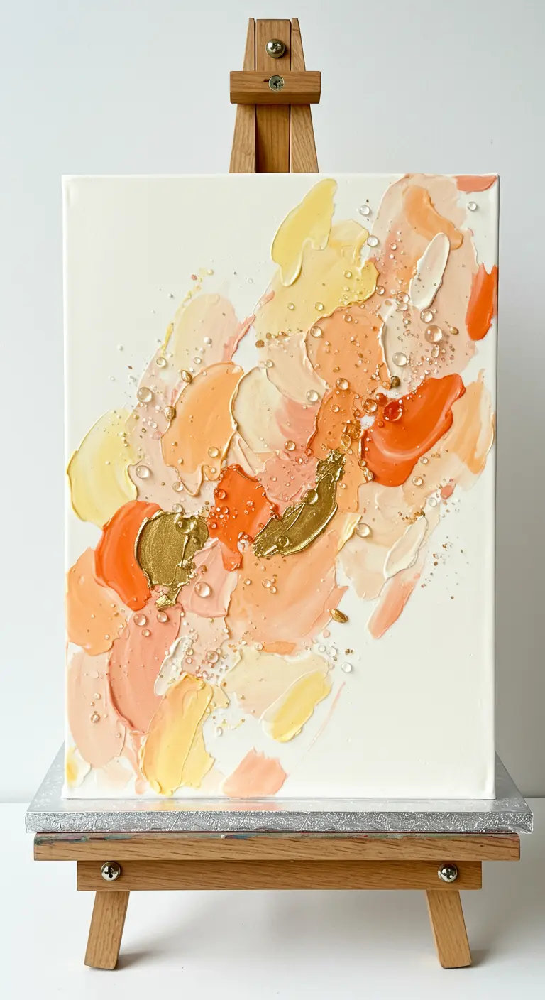 Rechteckige Torte, bemalt mit Spachteltechnik in Orange-, Gelb- und Goldtönen mit durchsichtigen Perlen.