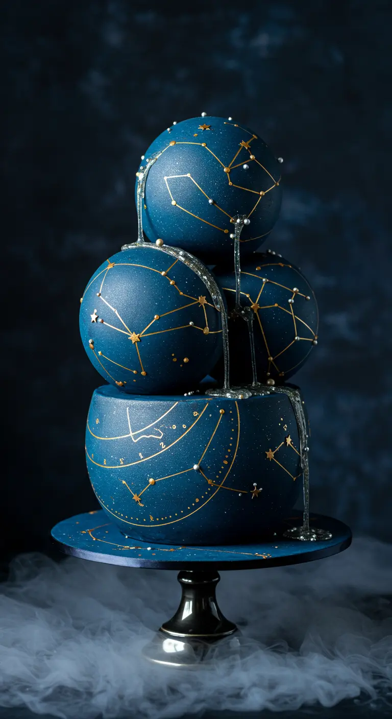 Hochzeitstorte aus nachtblauen Kugeln (Planeten) mit silbernem Glitzer-Drip und Sternen.