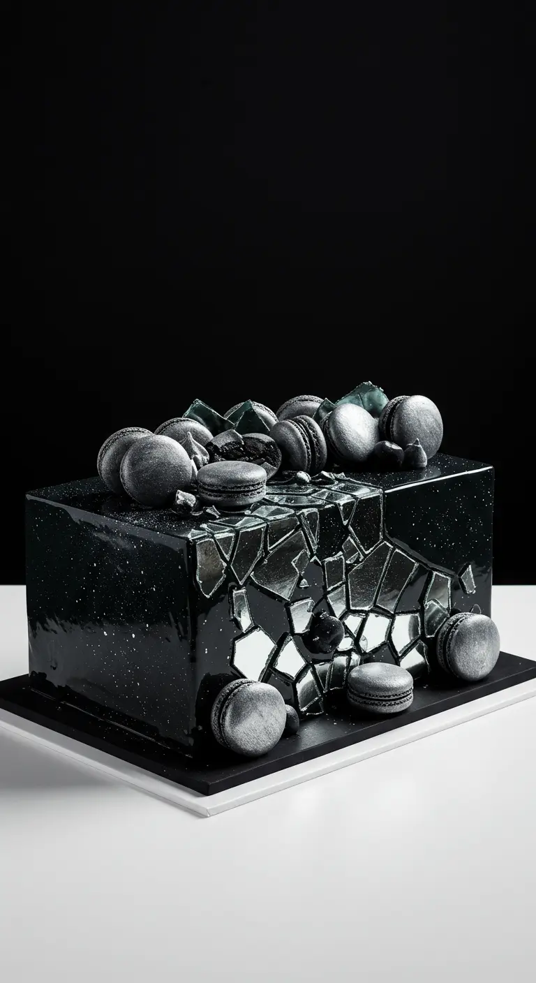 Schwarze rechteckige Torte mit Spiegelscherben-Effekt und dunklen Macarons.