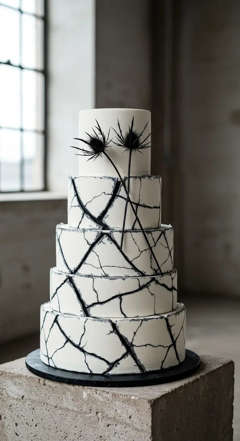 Mehrstöckige weiße Hochzeitstorte mit schwarzen, spinnennetzartigen Rissen und schwarzen Disteln.