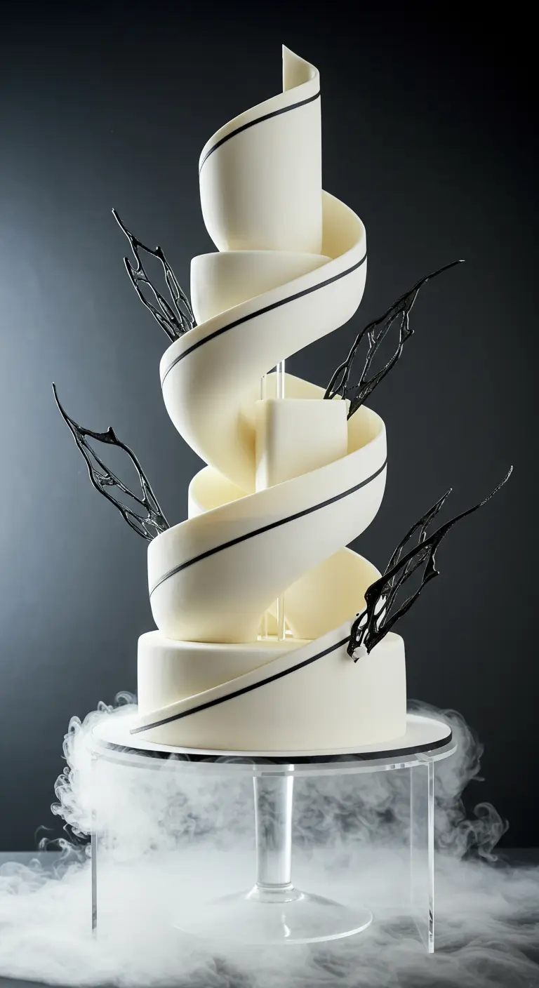 Weiße Hochzeitstorte in Spiralform mit dünnen schwarzen Linien und schwarzen abstrakten Dekorelementen.