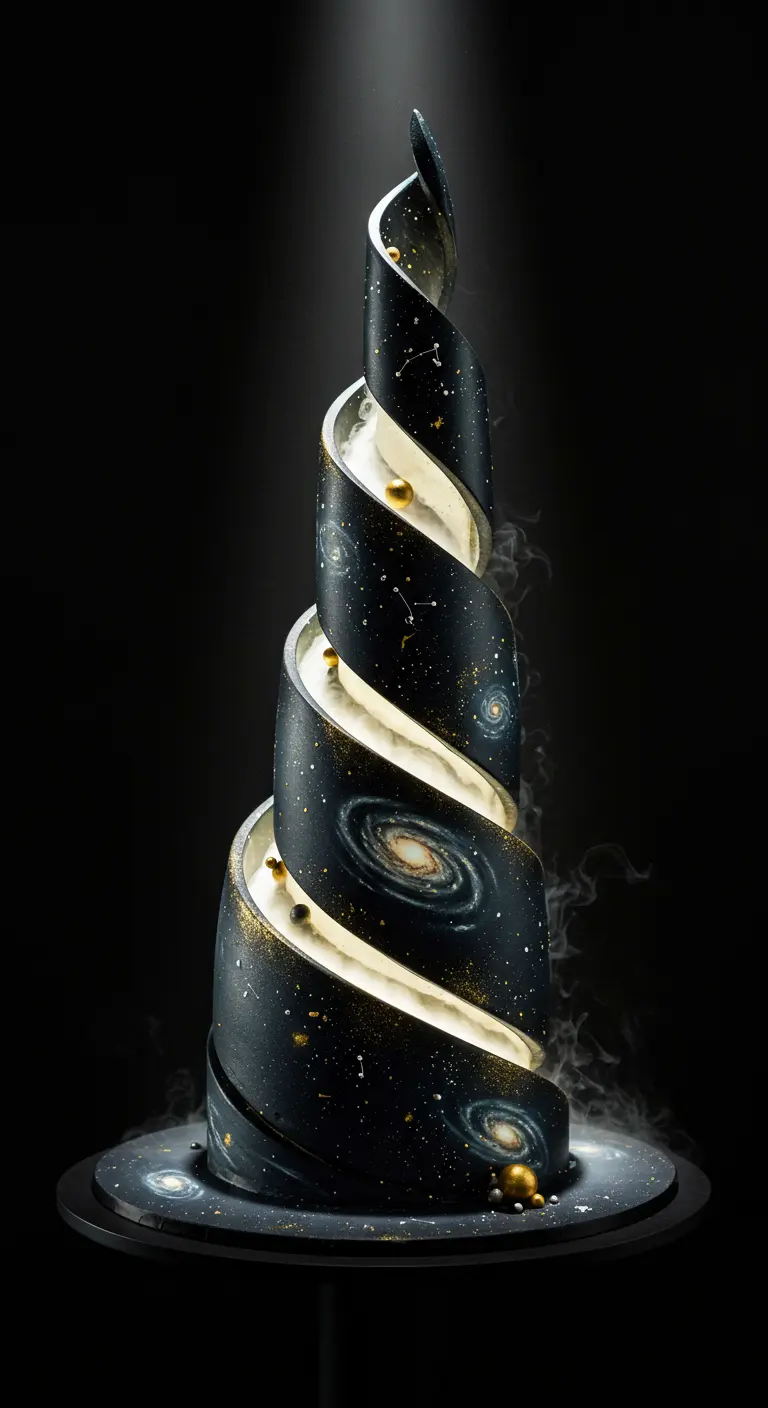 Schwarze Spiraltorte mit Galaxie-Bemalung, Sternen und kleinen Planeten, umgeben von Nebel.