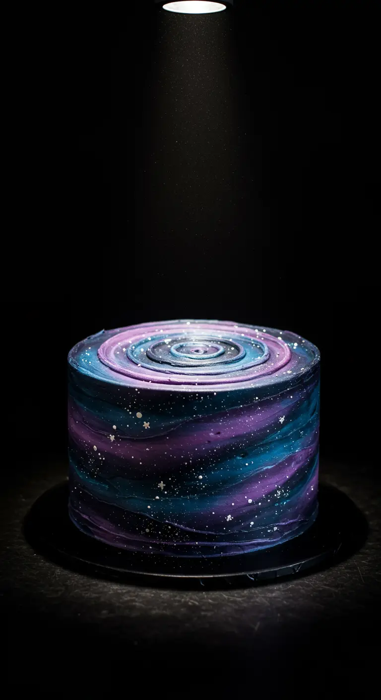 Dunkle Torte mit einem farbigen Spiralnebel aus Buttercreme auf der Oberseite.