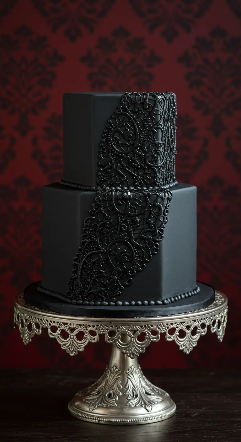 Zweistöckige, schwarze Torte mit einem filigranen, asymmetrischen Muster aus essbarer Spitze.